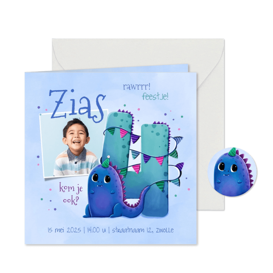 Kinderfeestje uitnodiging 4 jaar vrolijk met dino en vlaggen - Kaartimpressie