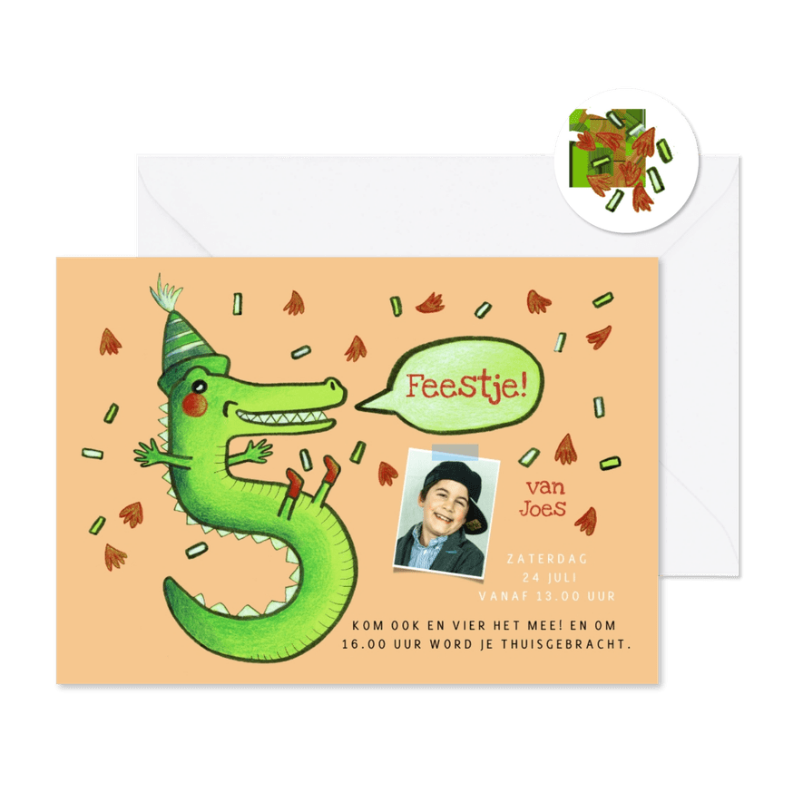 Kinderfeestje uitnodiging 5 jaar als krokodil - Kaartimpressie