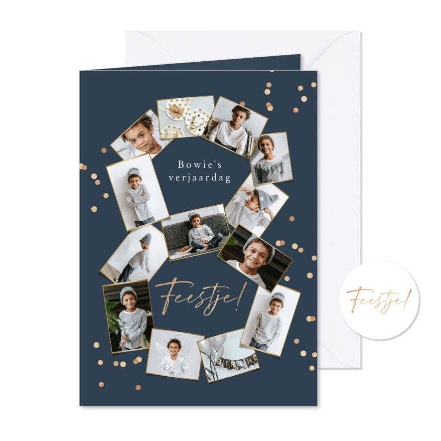 Kinderfeestje uitnodiging 8 jaar fotocollage confetti - Kaartimpressie