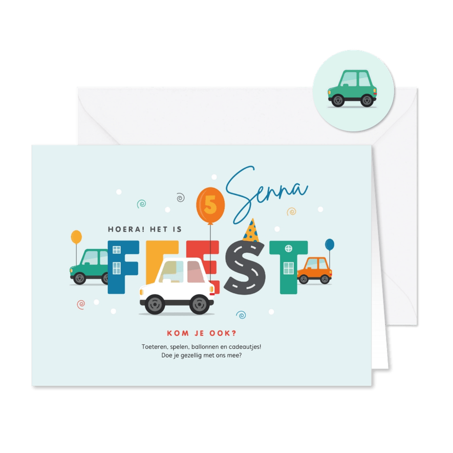 Kinderfeestje uitnodiging auto ballonnen feestje - Kaartimpressie