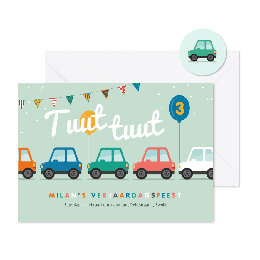 Kinderfeestje uitnodiging auto parade ballonnen - Kaartimpressie