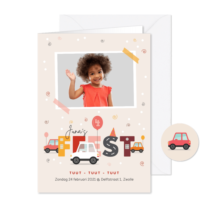 Kinderfeestje uitnodiging auto's ballonnen foto feestje - Kaartimpressie