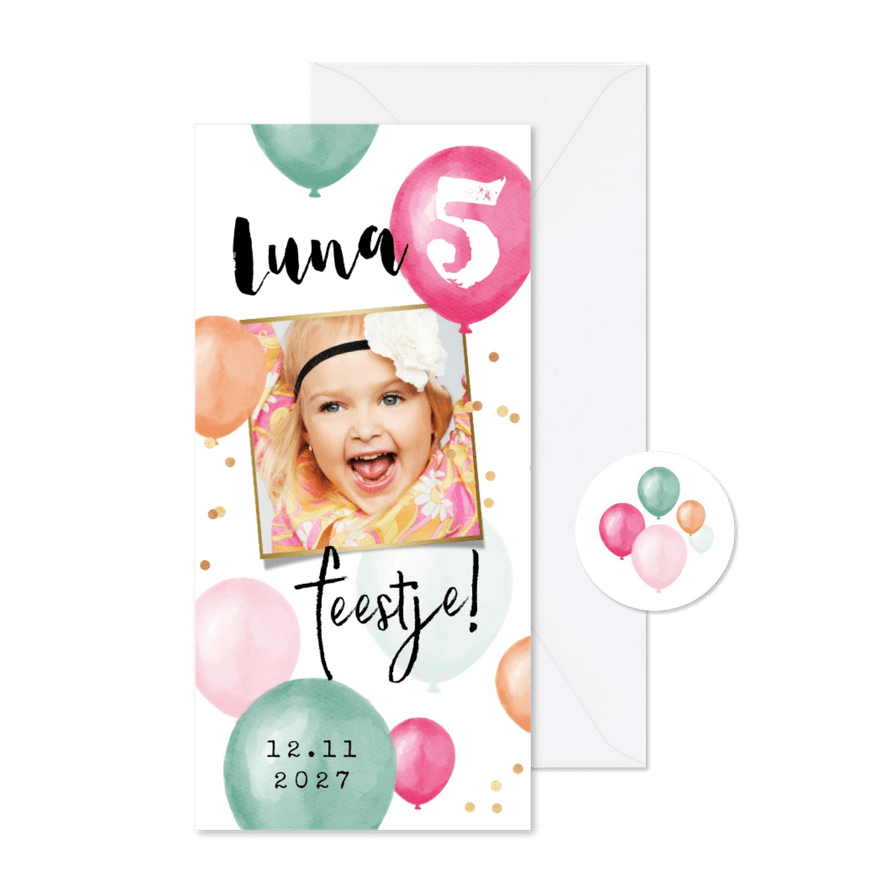 Kinderfeestje uitnodiging ballonnen goud confetti foto feest - Kaartimpressie