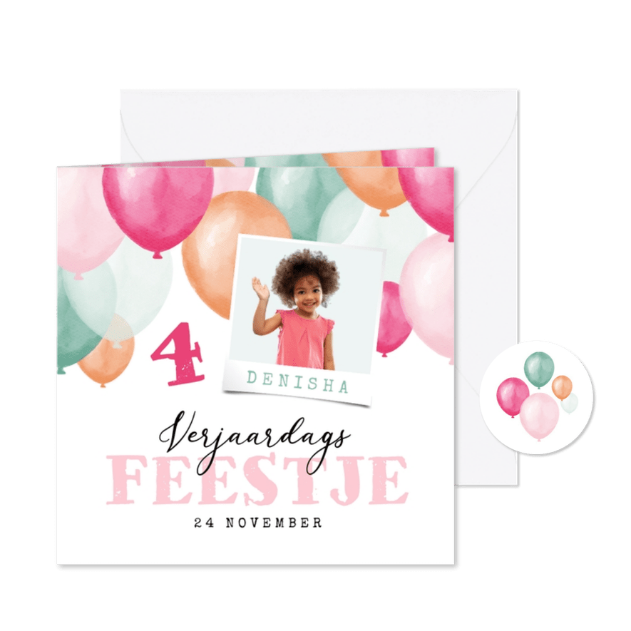 Kinderfeestje uitnodiging ballonnen roze mint waterverf foto - Kaartimpressie