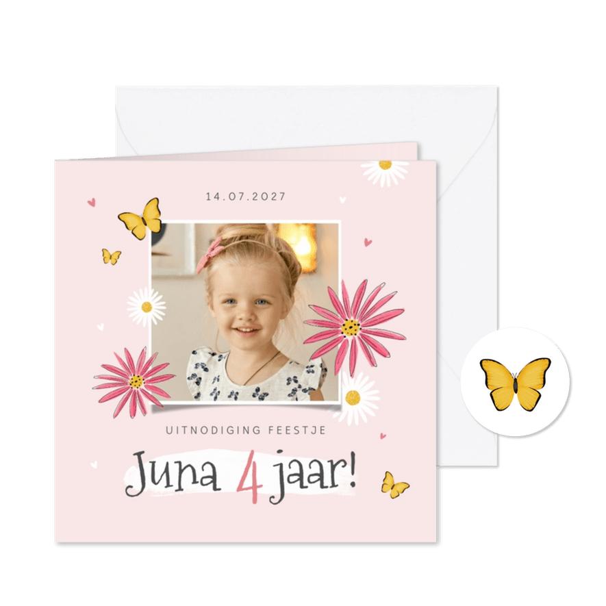 Kinderfeestje uitnodiging bloemen vlinders foto hartjes - Kaartimpressie