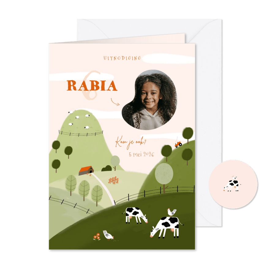 Kinderfeestje uitnodiging boerderij buiten foto meisje - Kaartimpressie