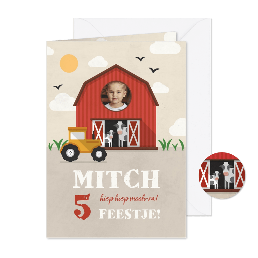 Kinderfeestje uitnodiging boerderij met koeien en tractor - Kaartimpressie