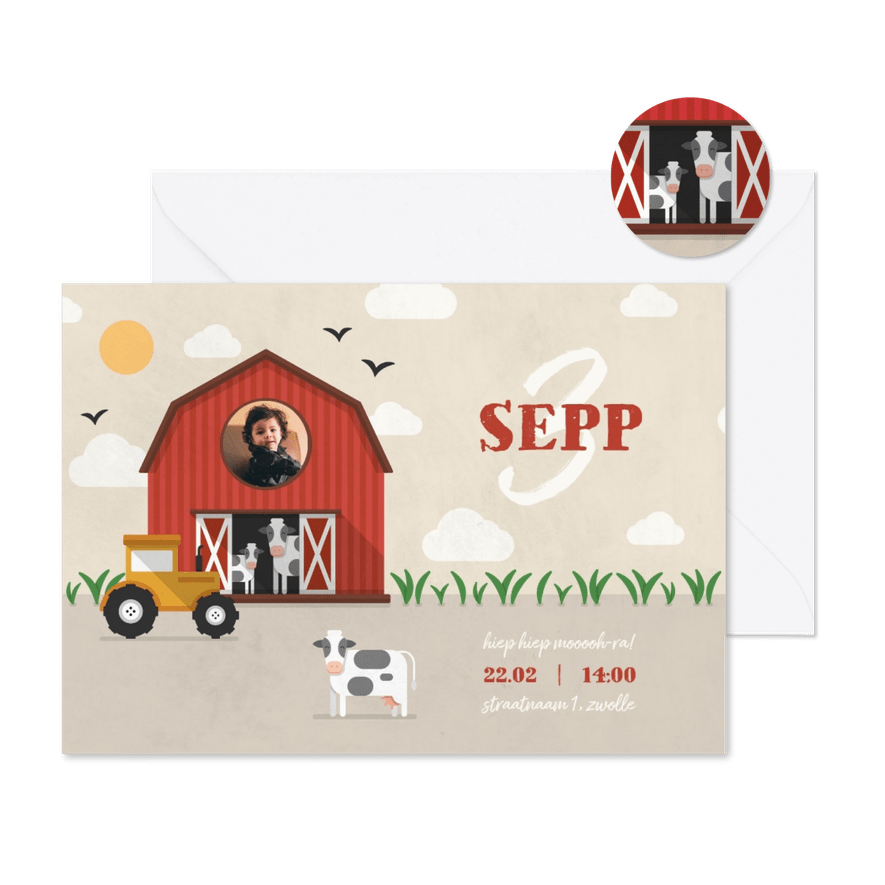 Kinderfeestje uitnodiging boerderij met tractor en koeien - Kaartimpressie