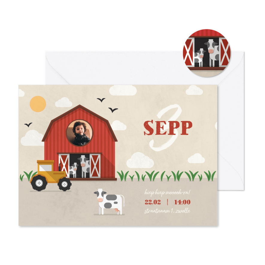 Kinderfeestje uitnodiging boerderij met tractor en koeien - Kaartimpressie