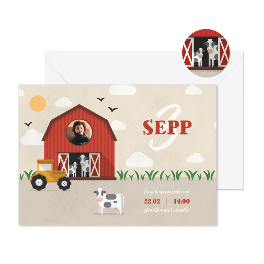 Kinderfeestje uitnodiging boerderij met tractor en koeien - Kaartimpressie