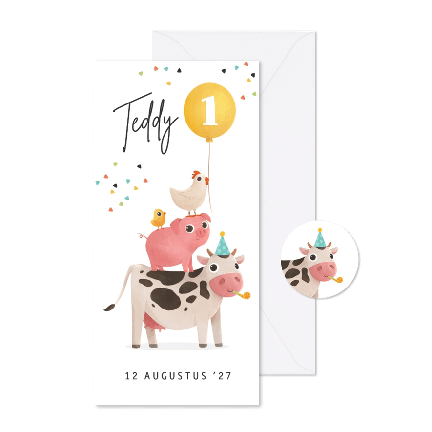 Kinderfeestje uitnodiging boerderijdieren feestje confetti - Kaartimpressie