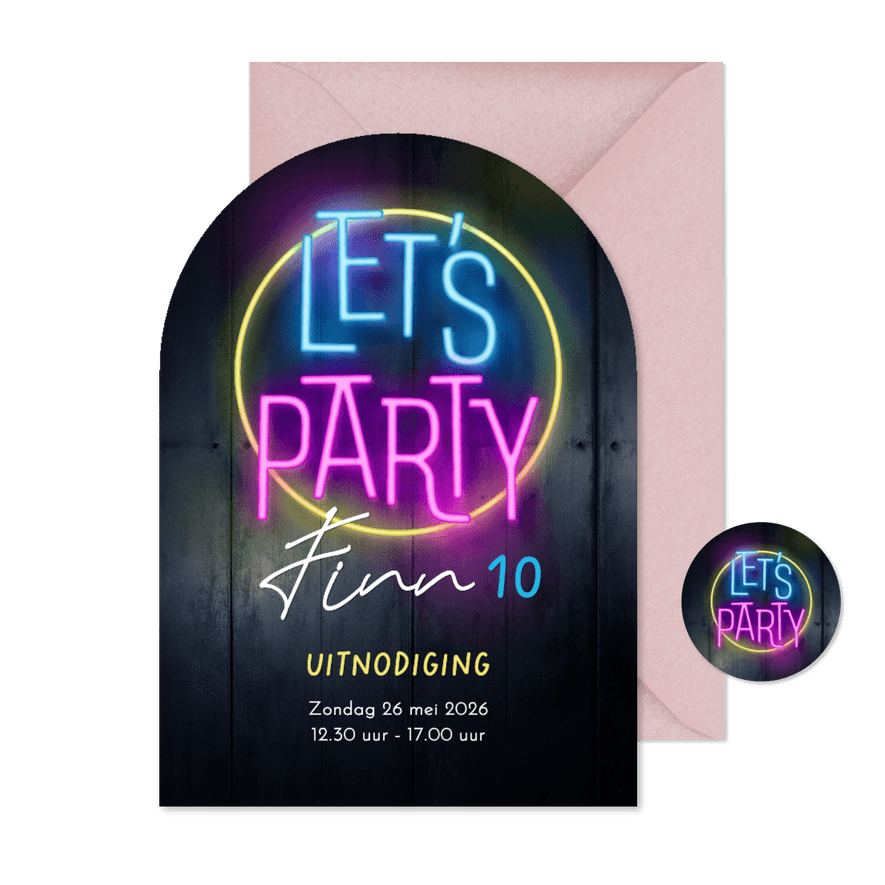 Kinderfeestje uitnodiging boogvorm 80's neon sign party - Kaartimpressie