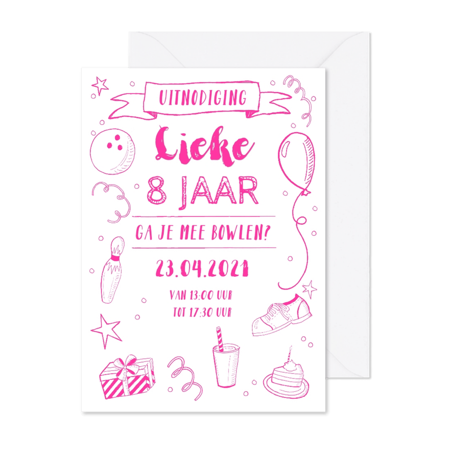 Kinderfeestje uitnodiging bowlen roze  - Kaartimpressie