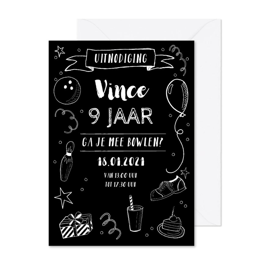 Kinderfeestje uitnodiging bowlen zwartwit stoer - Kaartimpressie