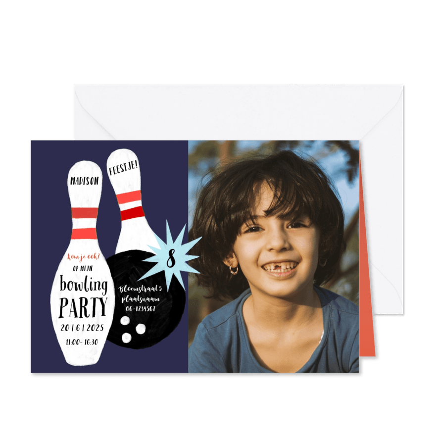Kinderfeestje uitnodiging bowlen - Kaartimpressie