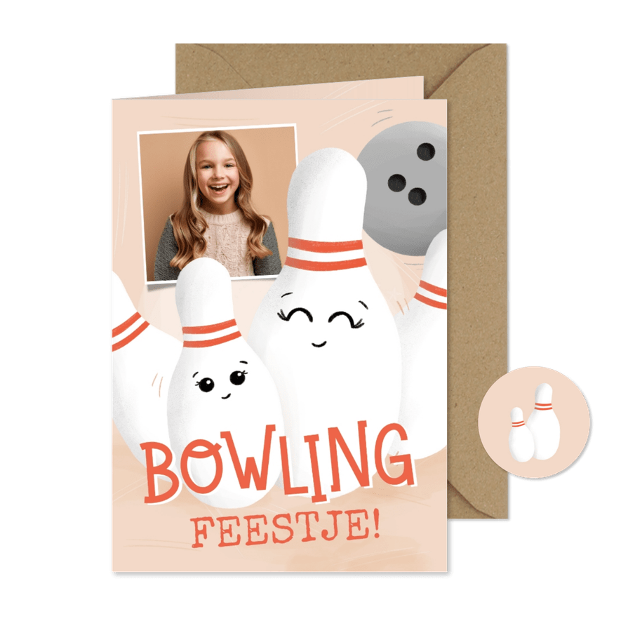Kinderfeestje uitnodiging bowlingfeestje kegels foto - Kaartimpressie
