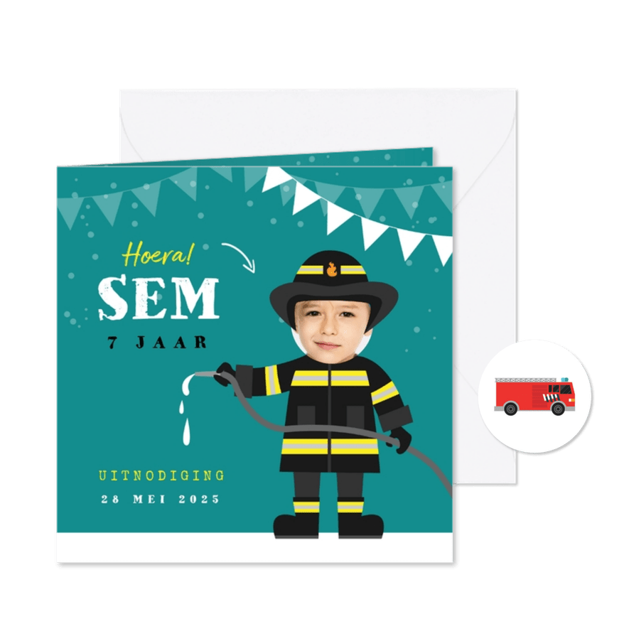 Kinderfeestje uitnodiging brandweer brandweerman foto - Kaartimpressie