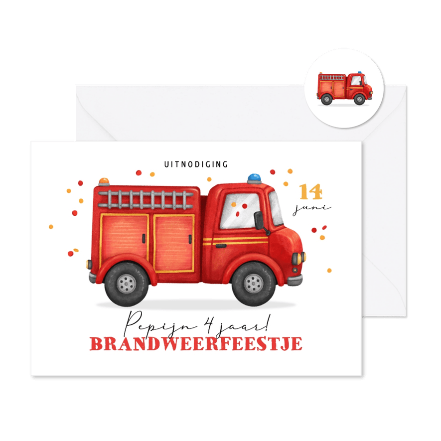 Kinderfeestje uitnodiging brandweer unisex confetti - Kaartimpressie