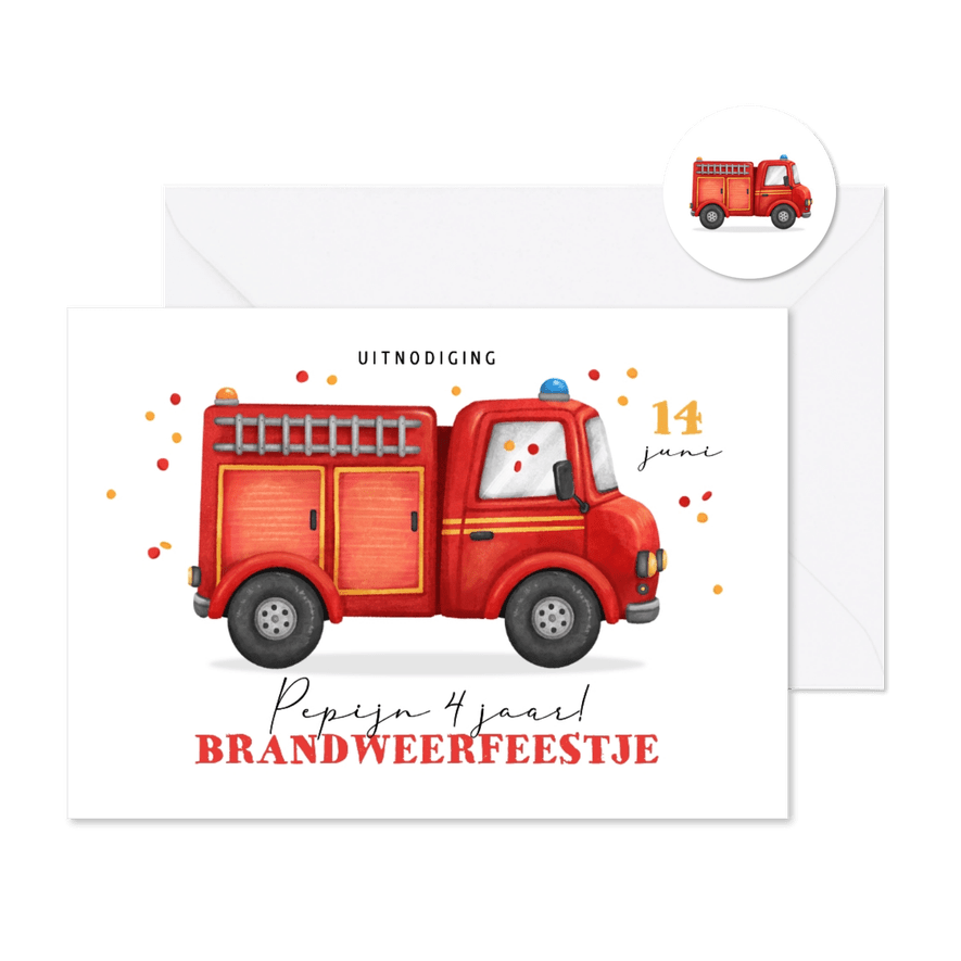 Kinderfeestje uitnodiging brandweer unisex confetti - Kaartimpressie