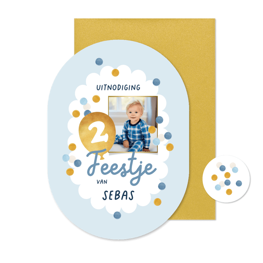 Kinderfeestje uitnodiging confetti 2 jaar foto goud blauw - Kaartimpressie