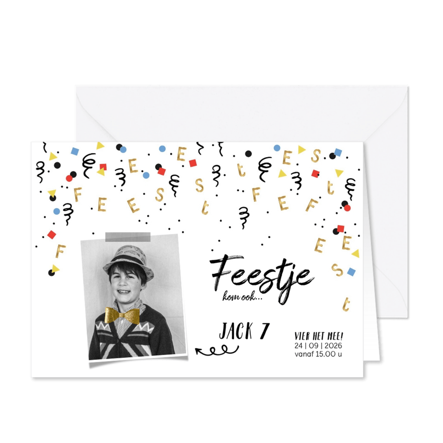Kinderfeestje uitnodiging confetti goud feest - Kaartimpressie