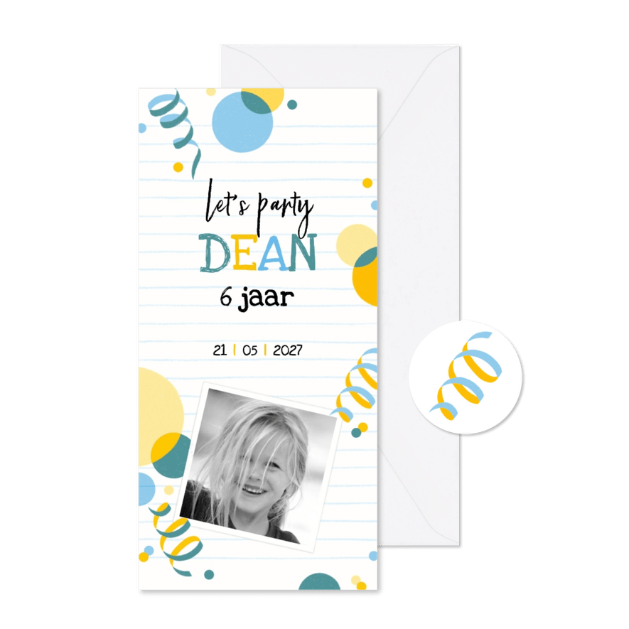 Kinderfeestje uitnodiging confetti serpentines geel blauw - Kaartimpressie