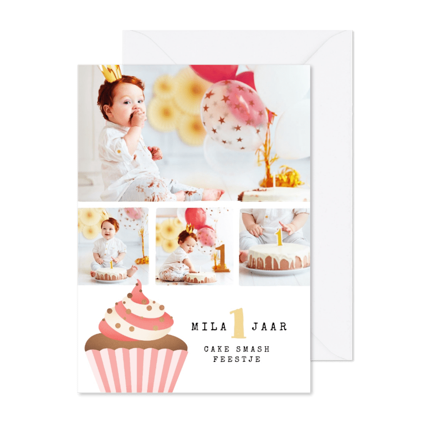 kinderfeestje uitnodiging cupcake cake smash fotocollage - Kaartimpressie