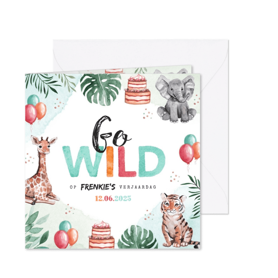 Kinderfeestje uitnodiging dieren jungle olifant giraf tijger - Kaartimpressie
