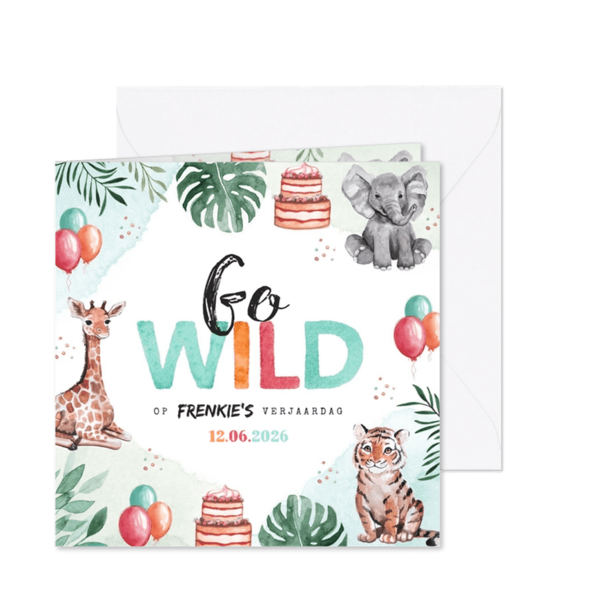 Kinderfeestje uitnodiging dieren jungle olifant giraf tijger - Kaartimpressie