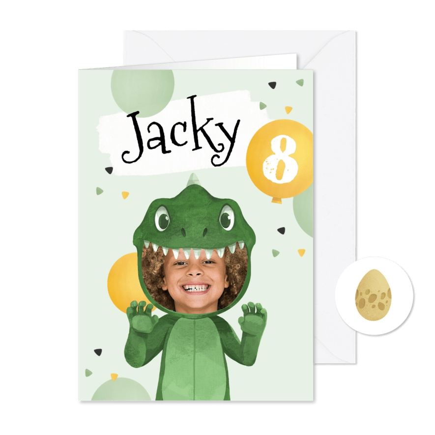 Kinderfeestje uitnodiging dino ballonnen confetti foto - Kaartimpressie