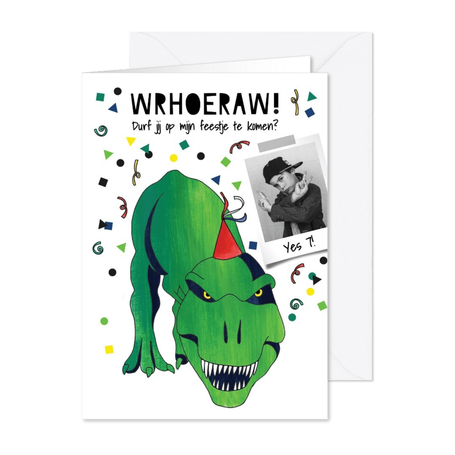 Kinderfeestje uitnodiging dino met foto - Kaartimpressie