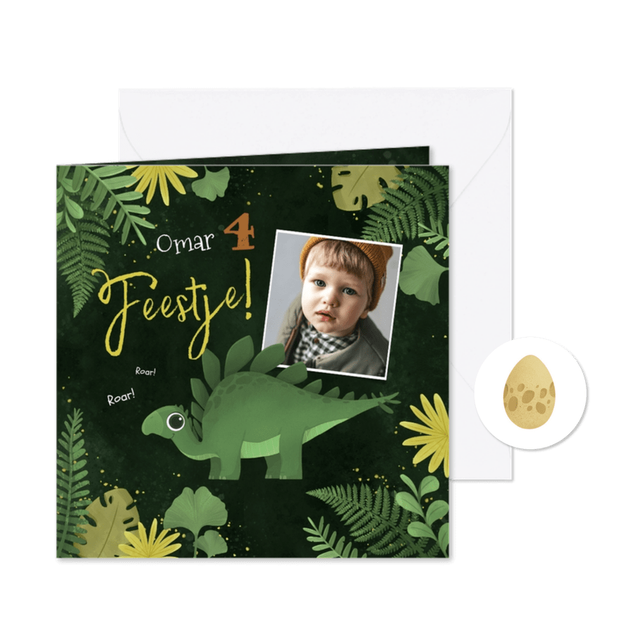 Kinderfeestje uitnodiging dinosaurus dino jungle foto - Kaartimpressie
