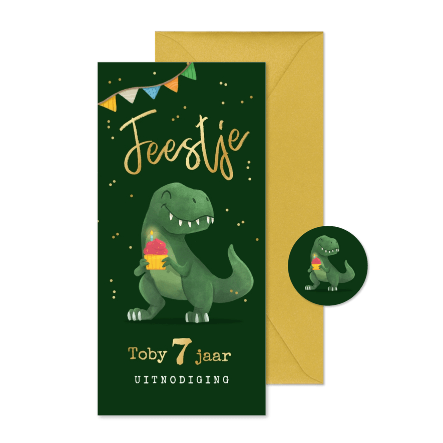 Kinderfeestje uitnodiging dinosaurus t-rex slingers confetti - Kaartimpressie