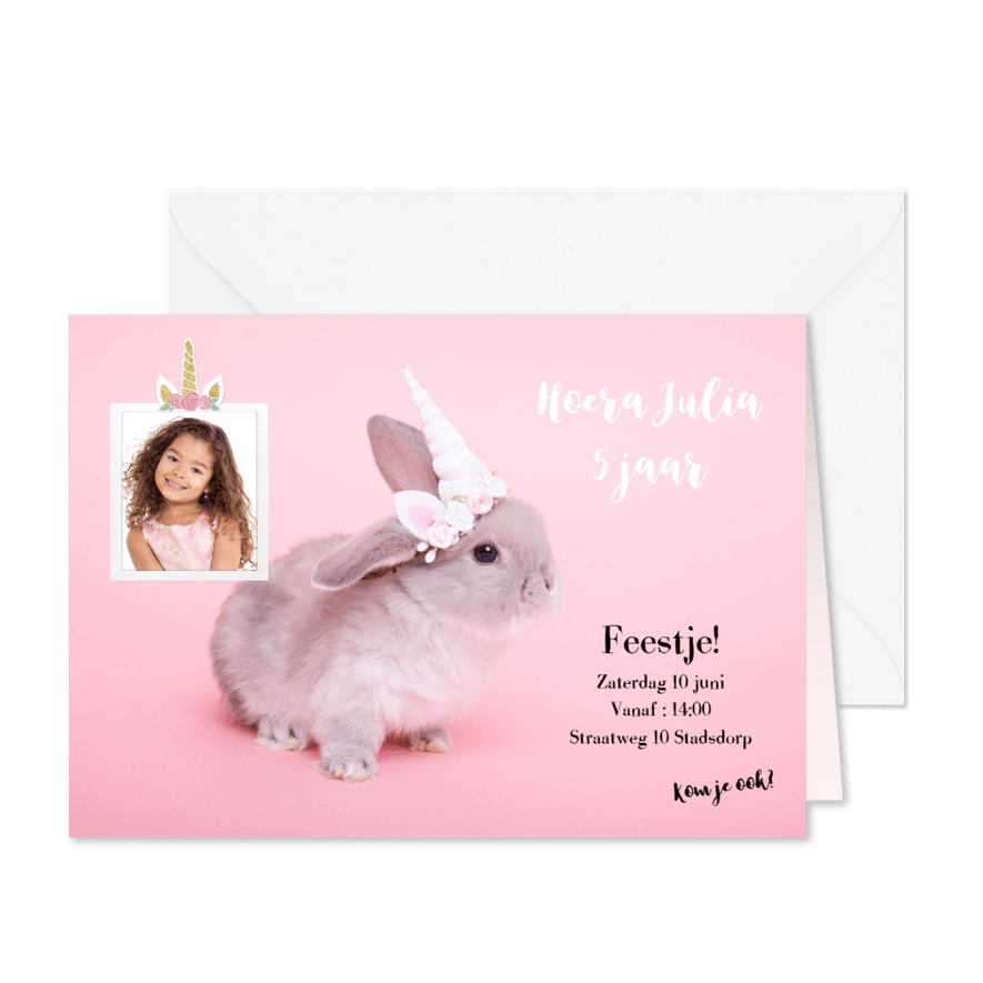 Kinderfeestje uitnodiging - Eenhoorn konijntje roze - Kaartimpressie