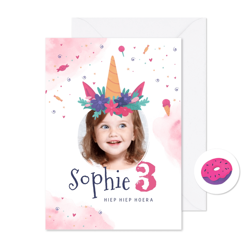 Kinderfeestje uitnodiging eenhoorn waterverf foto snoep - Kaartimpressie