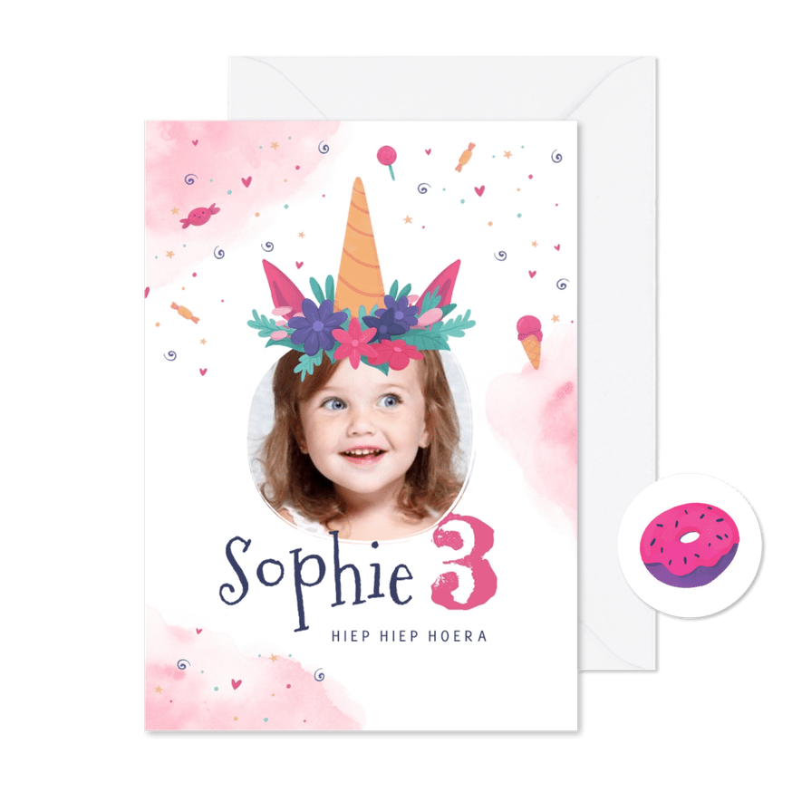 Kinderfeestje uitnodiging eenhoorn waterverf foto snoep - Kaartimpressie