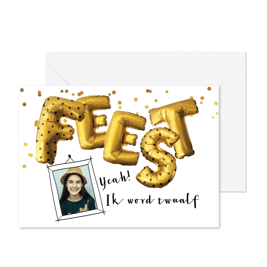 Kinderfeestje uitnodiging feest ballonnen goud - Kaartimpressie
