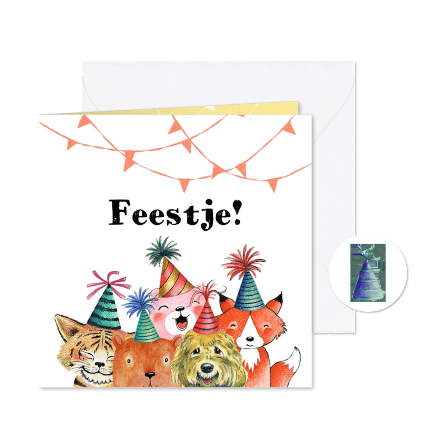 Kinderfeestje uitnodiging feestbeesten - Kaartimpressie