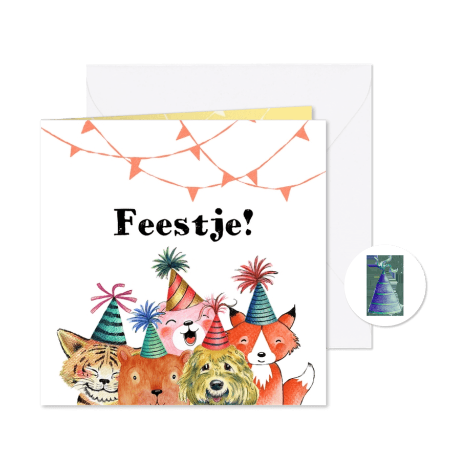 Kinderfeestje uitnodiging feestbeesten - Kaartimpressie