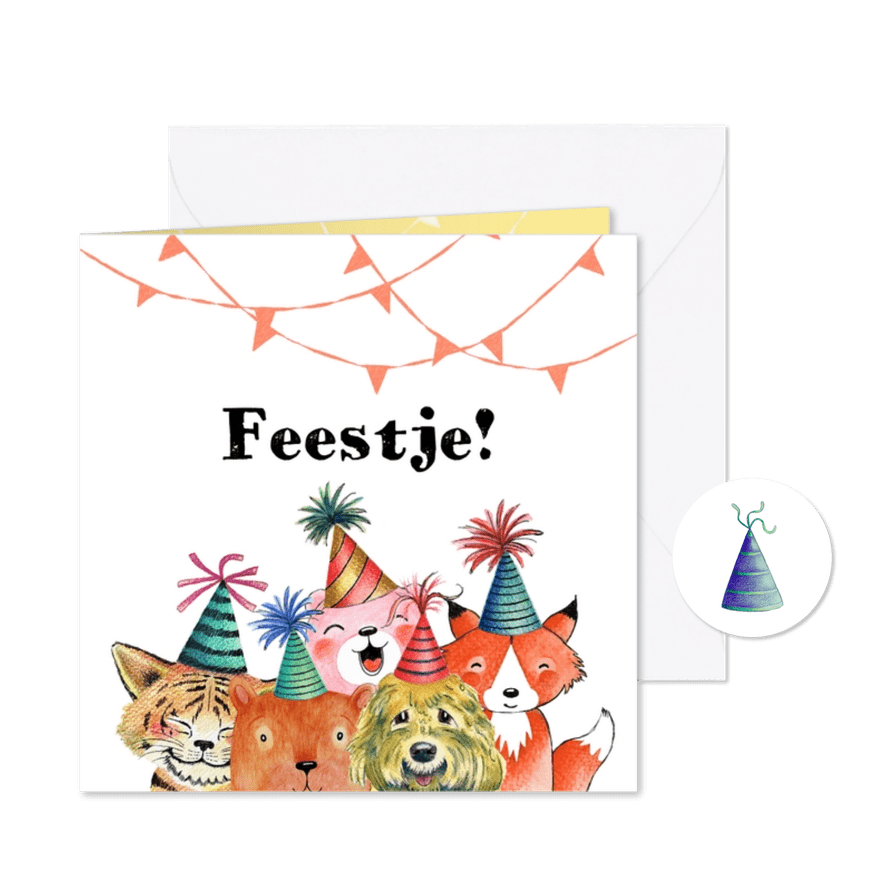 Kinderfeestje uitnodiging feestbeesten - Kaartimpressie