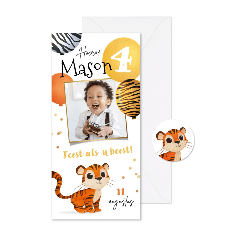 Kinderfeestje uitnodiging feestje tijger ballonnen jungle - Kaartimpressie