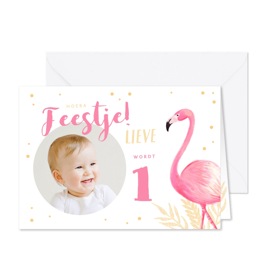 Kinderfeestje uitnodiging flamingo met eigen foto - Kaartimpressie