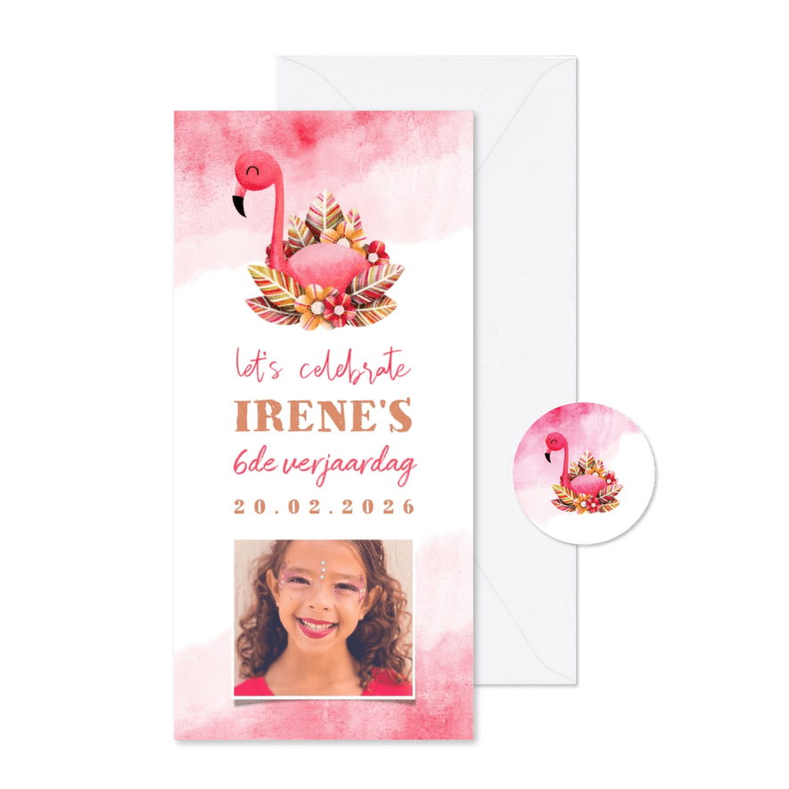 Kinderfeestje uitnodiging flamingo met waterverf en foto - Kaartimpressie
