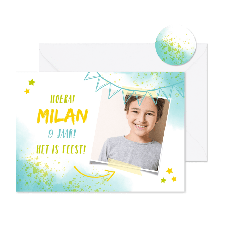 Kinderfeestje uitnodiging foto en spetters blauw - Kaartimpressie