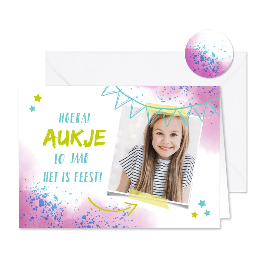 Kinderfeestje uitnodiging foto en spetters roze - Kaartimpressie