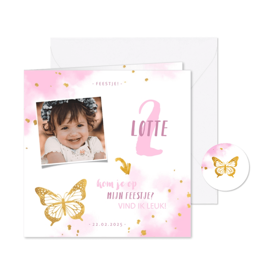 Kinderfeestje uitnodiging foto met vlinder en spetters - Kaartimpressie