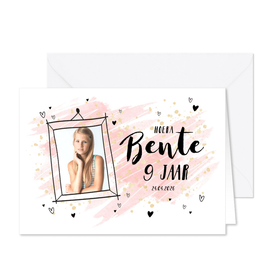 Kinderfeestje uitnodiging foto waterverf hartjes goudlook - Kaartimpressie