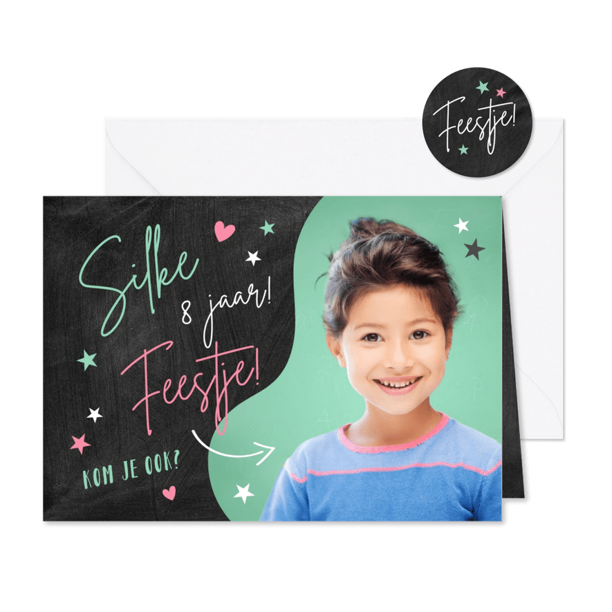 Kinderfeestje uitnodiging fotokaart met hartjes & sterretjes - Kaartimpressie