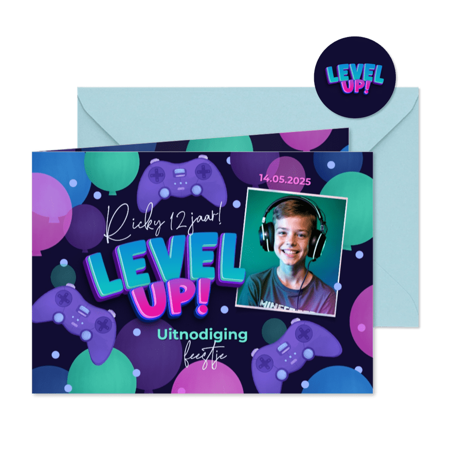 Kinderfeestje uitnodiging game party level up gaming - Kaartimpressie
