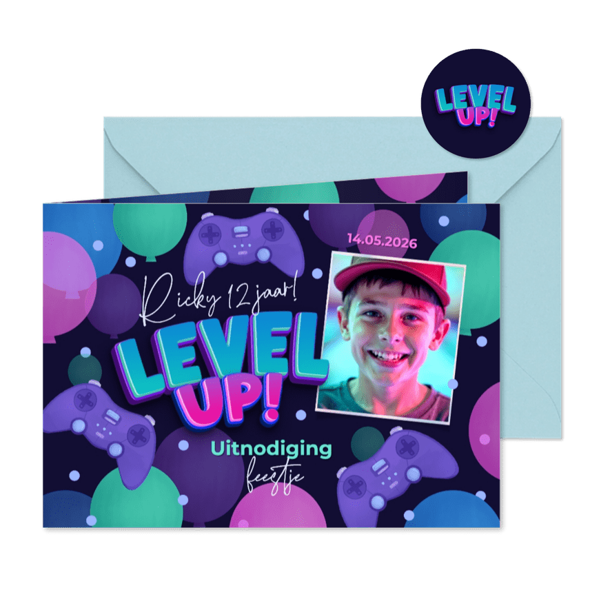 Kinderfeestje uitnodiging game party level up gaming - Kaartimpressie